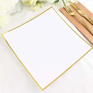 10-Pack Plastic Square Dinner Plates 10" White Concave Style with Gold Rim - Modern Disposable Party Plates for Formal Dinners & Banquets