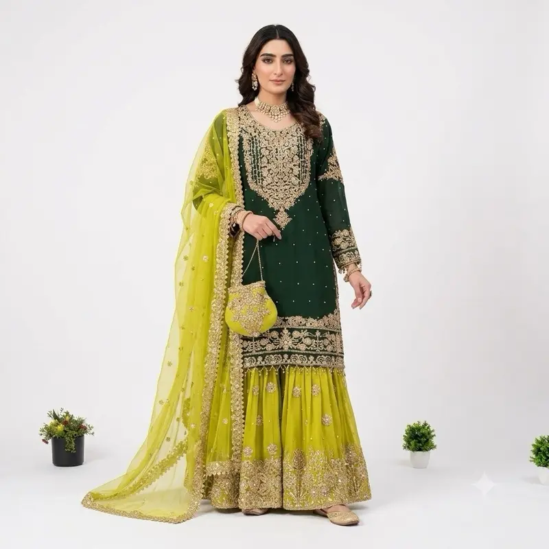 Sale! Women's Punjabi Style Suit Clothing Set - Multicolor, Trousers Included, XXL Size, End-of-Stock Clearance