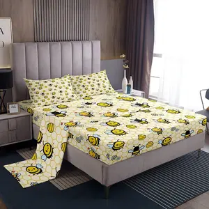 Feelyou Bedsheet Sets - Cute Bee Daisy Cartoon Pattern Bedding, Farmhouse Flowers Geometric Honeycomb Fitted Sheet + Flat Sheet + Pillowcases, Soft Breathable Bedding for Kids