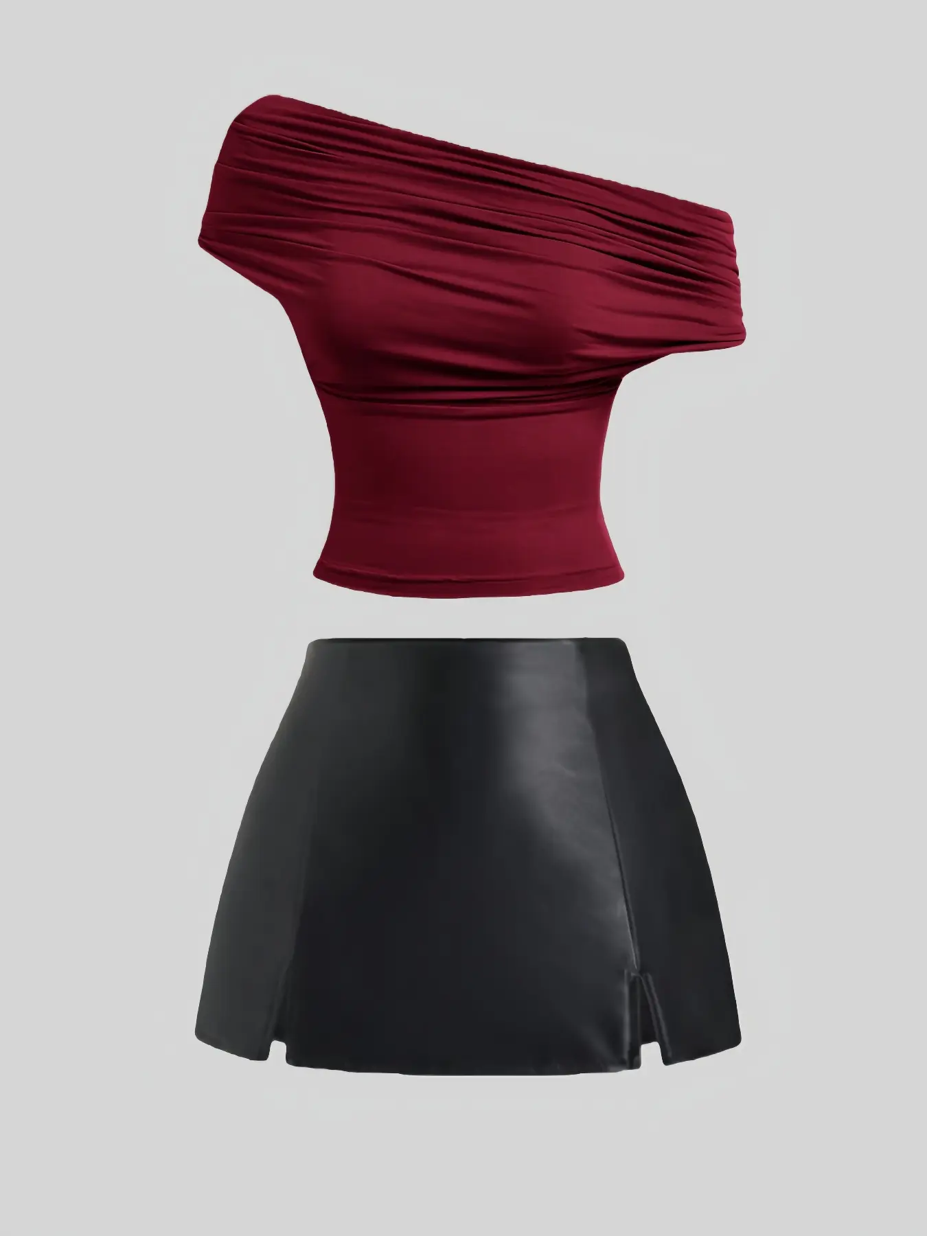 Elegant Wine Off-Shoulder Short Leather Skirt Set, Aesthetic Stylish Women's Fashion, Perfect for Parties and Events