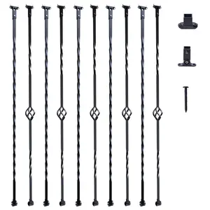 VEVOR Staircase Metal Balusters,  44'' x 1/2" Galvanized Steel Decorative Banister Spindles, 10 Pack Deck Baluster with Hollow Single Baskets, Twists, Spiral Stair Railing w/ Shoes & Screws