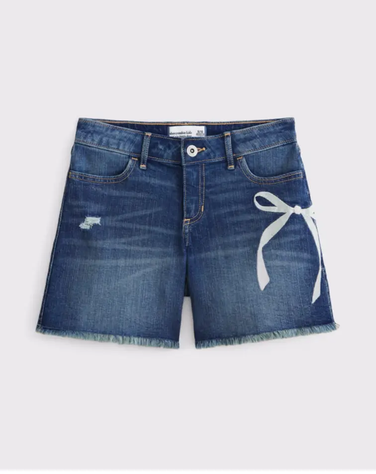 Abercrombie & Fitch Kids Clothing Girls Mid Waist Loose-Fitting Denim Shorts - 100% Cotton Basic Casual Fit, Embroidered Bow, Adjustable Waistband, Functional Pockets, Prop 65 Safe, Medium Wash, Cold Wash, Do Not Bleach, Imported, Baggy Fit, Plain