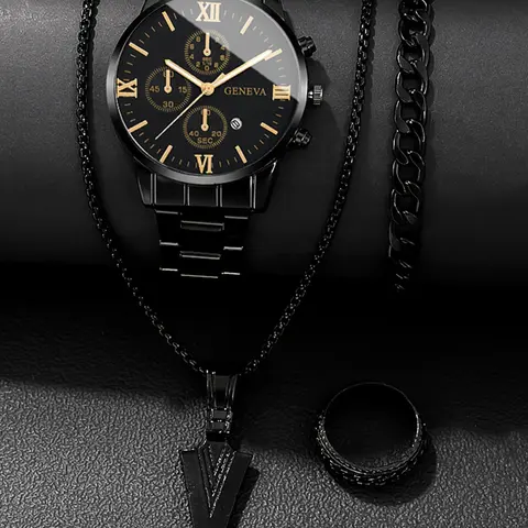 Men's Fashion Watch & Chain Bracelet & Necklace & Ring Set, Casual Round Dial Classic Quartz Analog Watch & Jewelry Set, Trendy Watch Set for Party, Daily Decor, Exquisite Watch Set for Gift