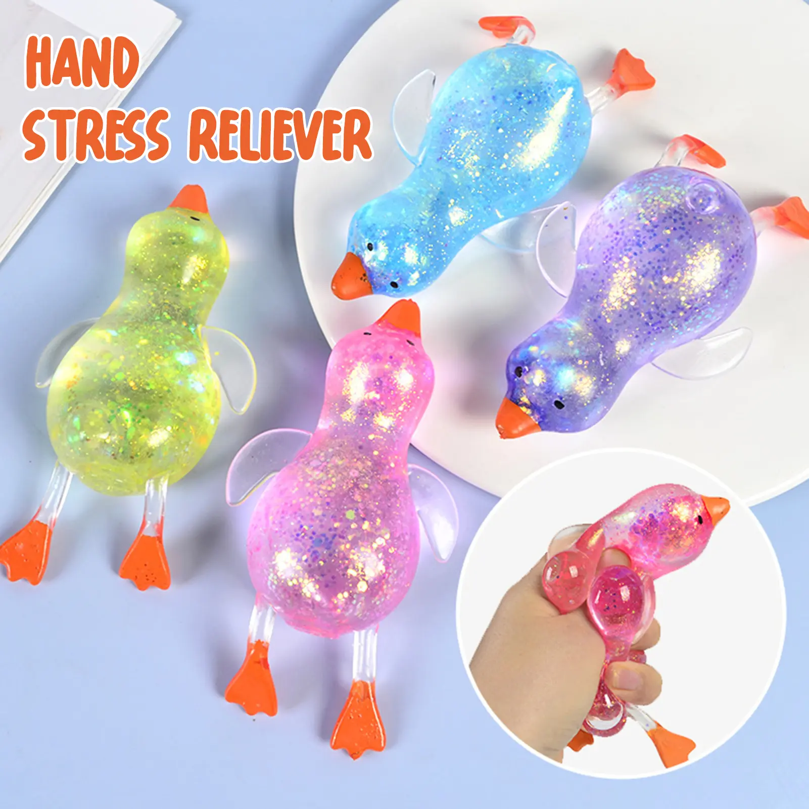 Explorinox Unisex Squeeze Glitter Duck Stress Relief Toy, Random Colors, Mini Stretchy Soft TPR Fidget Toy with Sparkling Design, for 10-12 Years, Holidays, Birthdays, All Seasons Anxiety & Sensory Needs, 7cm L x 13cm W