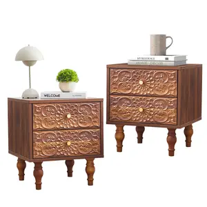Giratree End Table Set of 2, Mid-Century Modern Side Table with 3-Tier Storage Shelves and Arched Carving Lines, Square Fluted Nightstand for Living Room, Bedroom, or Office