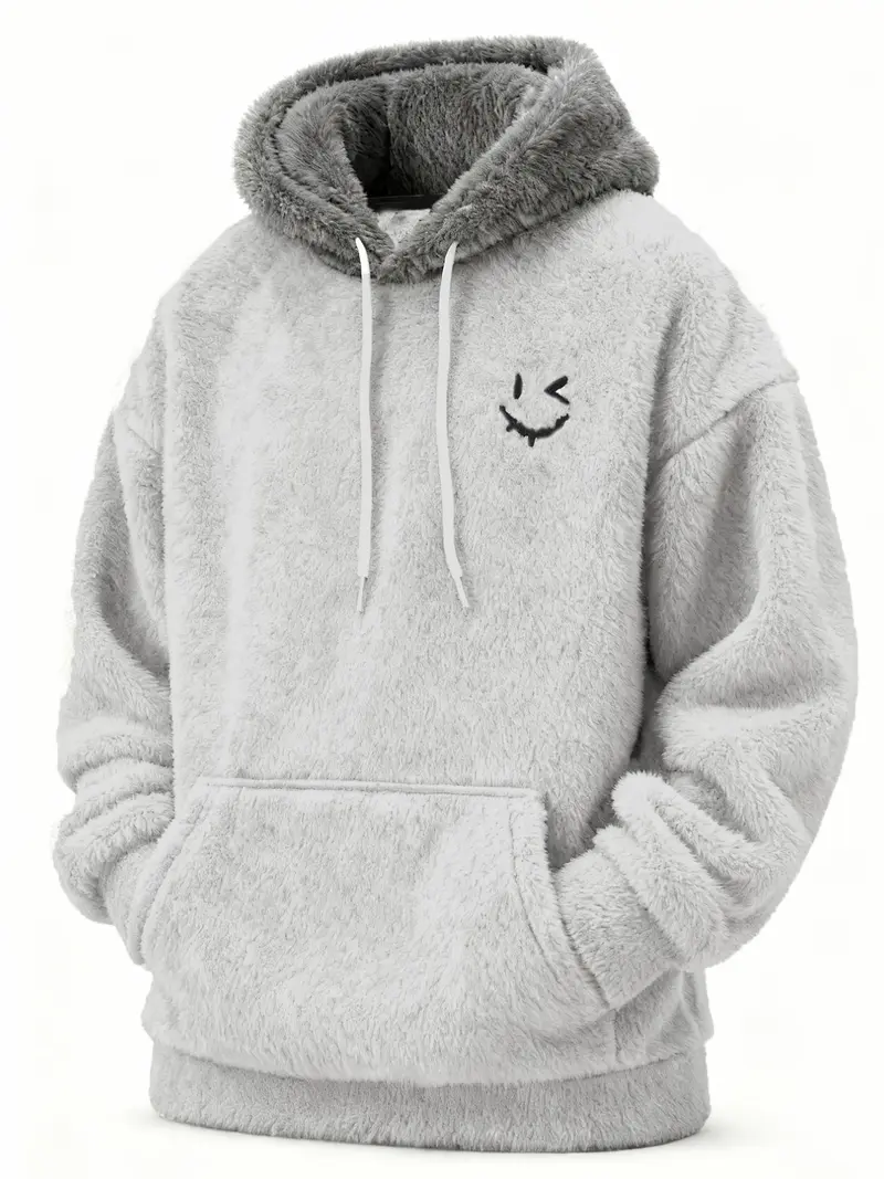 Men's Colorblock Smiley Embroidered Fleece Hoodie, Thick Warm Casual Fashion Long Sleeve Pullover, Trendy Simple Style, Embroidered Hoodies