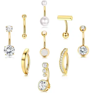 2025 Summer 9Pcs Hypoallergenic Gold Belly  Button Rings  Sparkling CZ Opal  Pearl Clicker Set Boho Chic Navel  Piercings Jewelry for Women Silver Gold