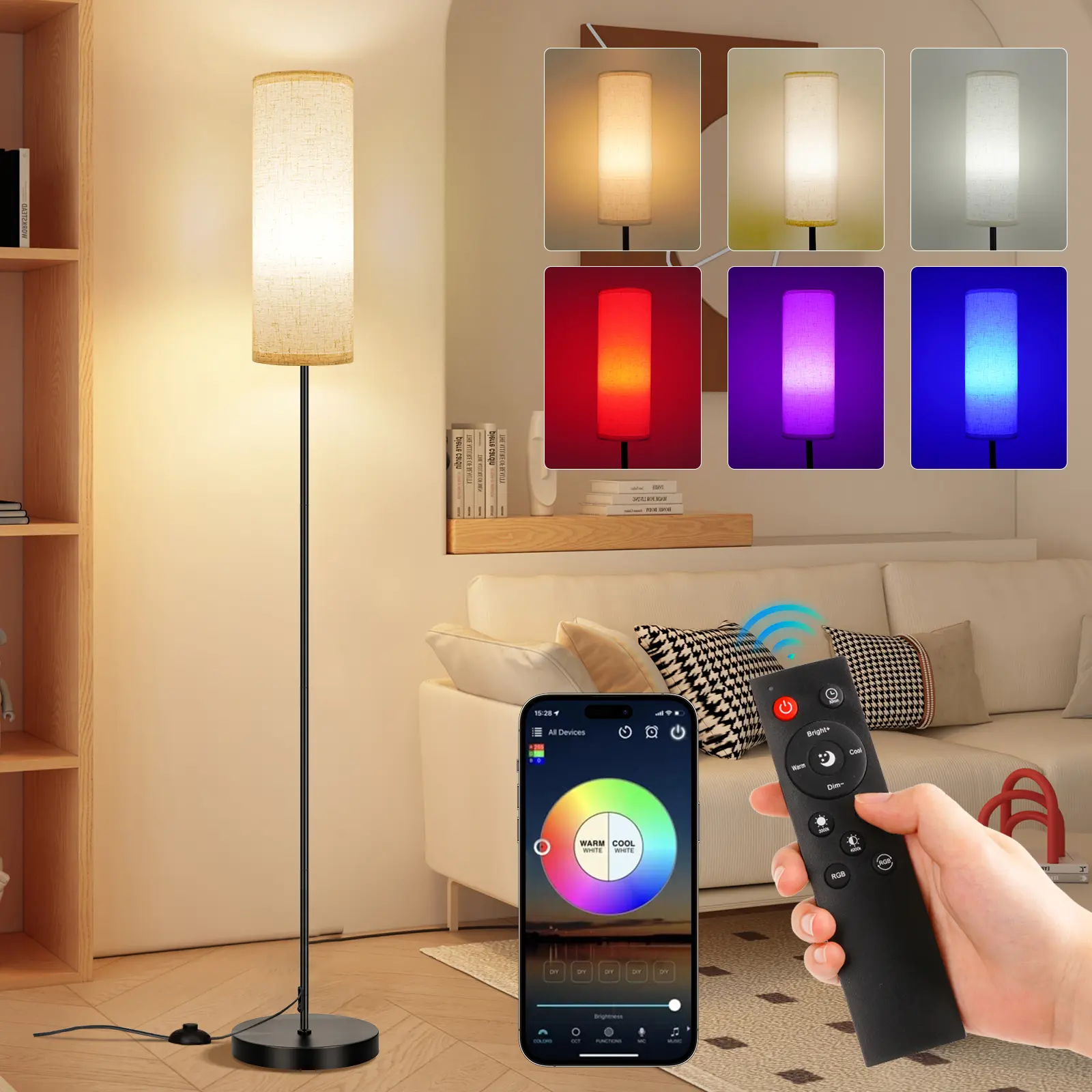 RGB Floor Lamp, 9W 800LM Color Changing Smart Lamp with Music Sync, App & Remote Control, Adjustable Brightness & Color Temperature Standing Light for Living Room Bedroom Gaming, Beige Shade, Adaptable Smart Specialty & Decorative Lighting, Ambient Light
