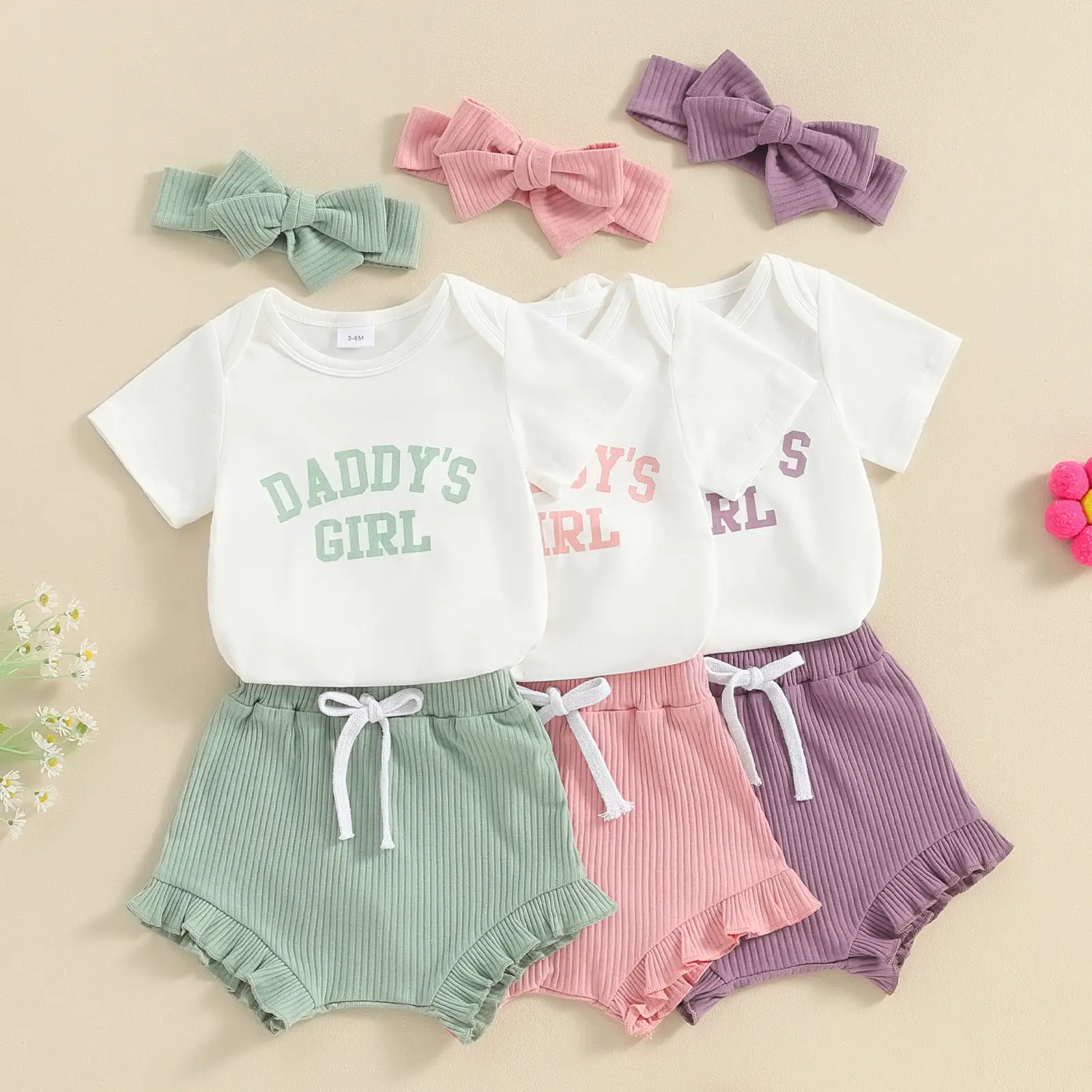 Newborn Baby Girls Summer Outfits Daddys Girl Short Sleeve Romper Ribbed Ruffled Shorts Headband 3Pcs Clothes 0-18M