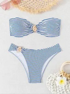 Women's Striped Print Bikini, Chic Swimwear for Beach Vacation, Ladies Swimsuit for All Seasons, Bikinis Sets, Bandeau Bathing Suit, Low Waist Bikini, Strapless Bandeau Bikini, Bandeau Swim Top