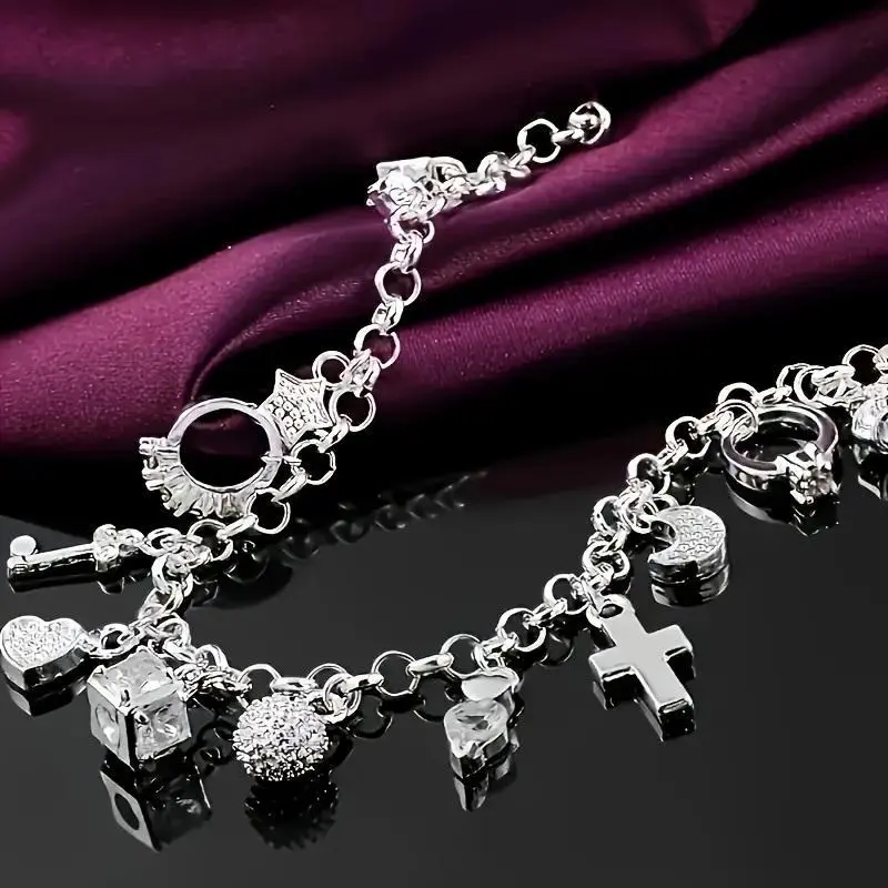 Women's Charm Bracelet, 925 Sterling Silver Bohemian Style with Heart Key Pendant & 13 Lucky Charms, Birthday Wedding Jewelry Gift, 7.5 Inch, Charm Bracelets, Decorative Metal Charm Bracelets & Bangles