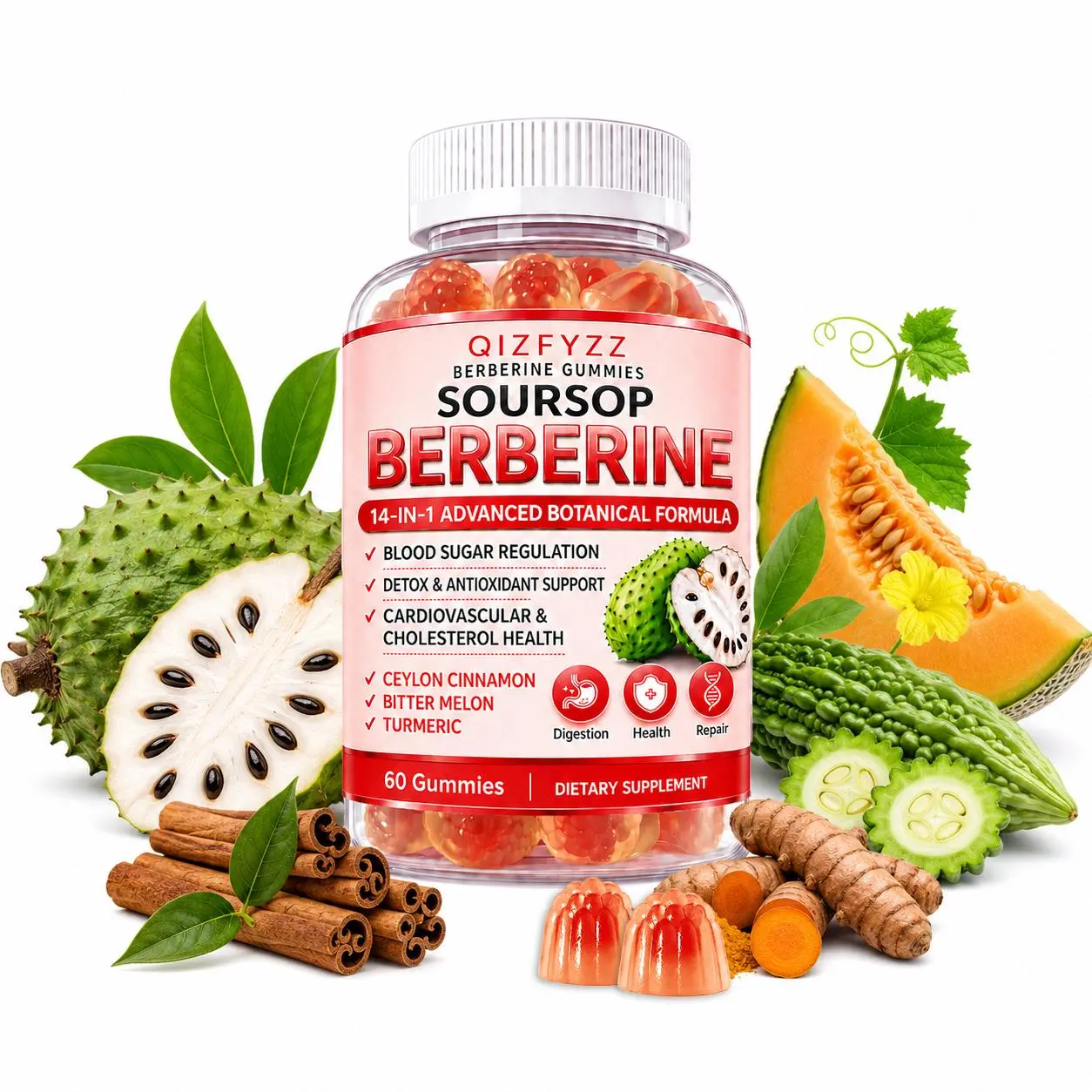 14-in-1 Berberine Gummies – 1800mg with Ceylon Cinnamon, Liposomal 30:1, Cayenne, Soursop & Superfoods Blend