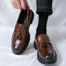 ONXITOM Men's Plain Slip-On Loafers - Black & Brown PU Leather Tassel Round Toe Low Block Ankle Flatform Footwear, Anti-Skid No-Tie Rubber Sole Dressier Office-Ready Casual-Ready Shoes for Work