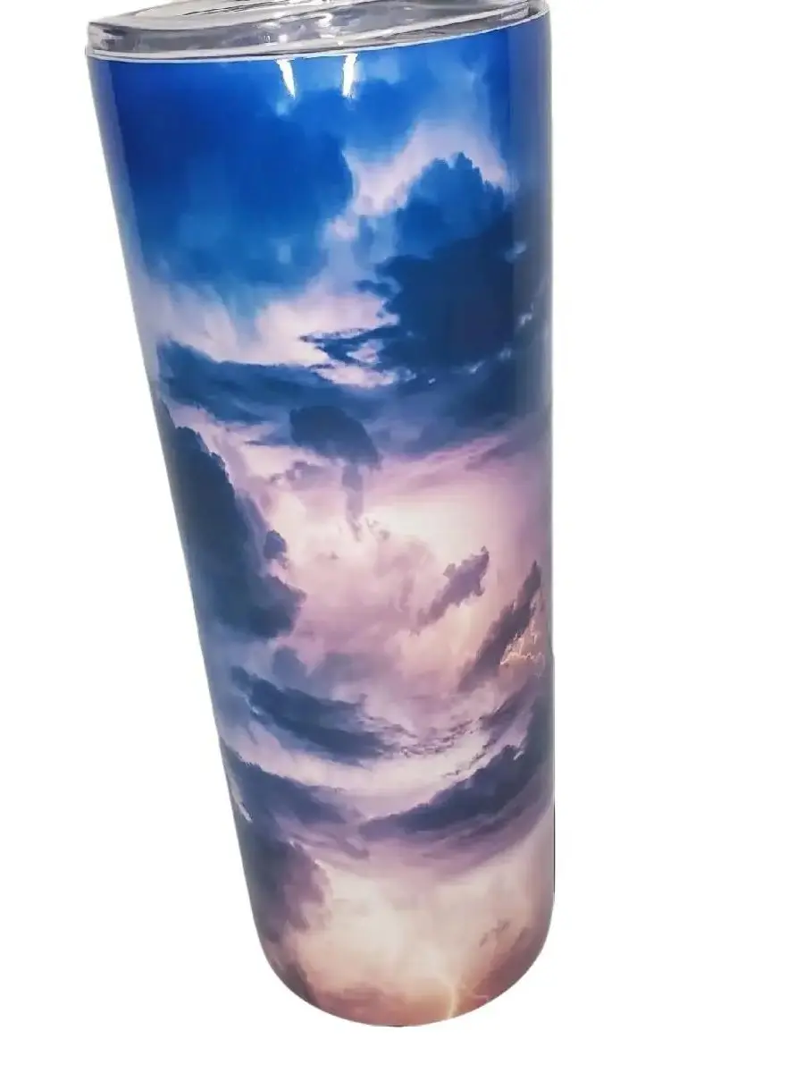 Thunder Lightning 20oz Skinny Stainless Steel Tumbler – Handmade Sublimated Insulated Coffee Travel Mug with Lid & Straw – Storm Theme Drinkware