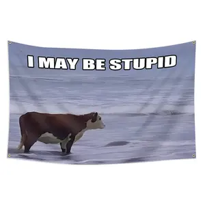 1pc, I May Be Stupid Flag, A Cow in The Sea Banner, 2*3ft(60*90cm) /3x5ft (90*150cm), 4 Grommets, Single-Sided Printing, for Indoor, Outdoor, Home, Room, Man Cave, Bedroom, Bar, Yard, Garden, Activities, Decorations, Wall Tapestries, Wall Hanging Tapestry