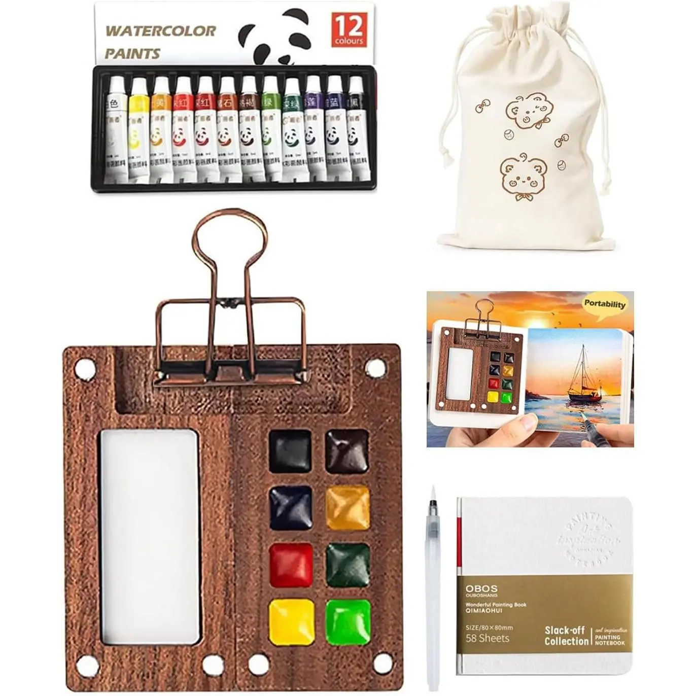 Pocket Artist Watercolor Travel Set, Travel Paint Palette, Wooden Paint Palette Travel Kit, Mini Portable Watercolor Palette with Clip for Artists Painters Students (12 Colors 8 Grid Set)