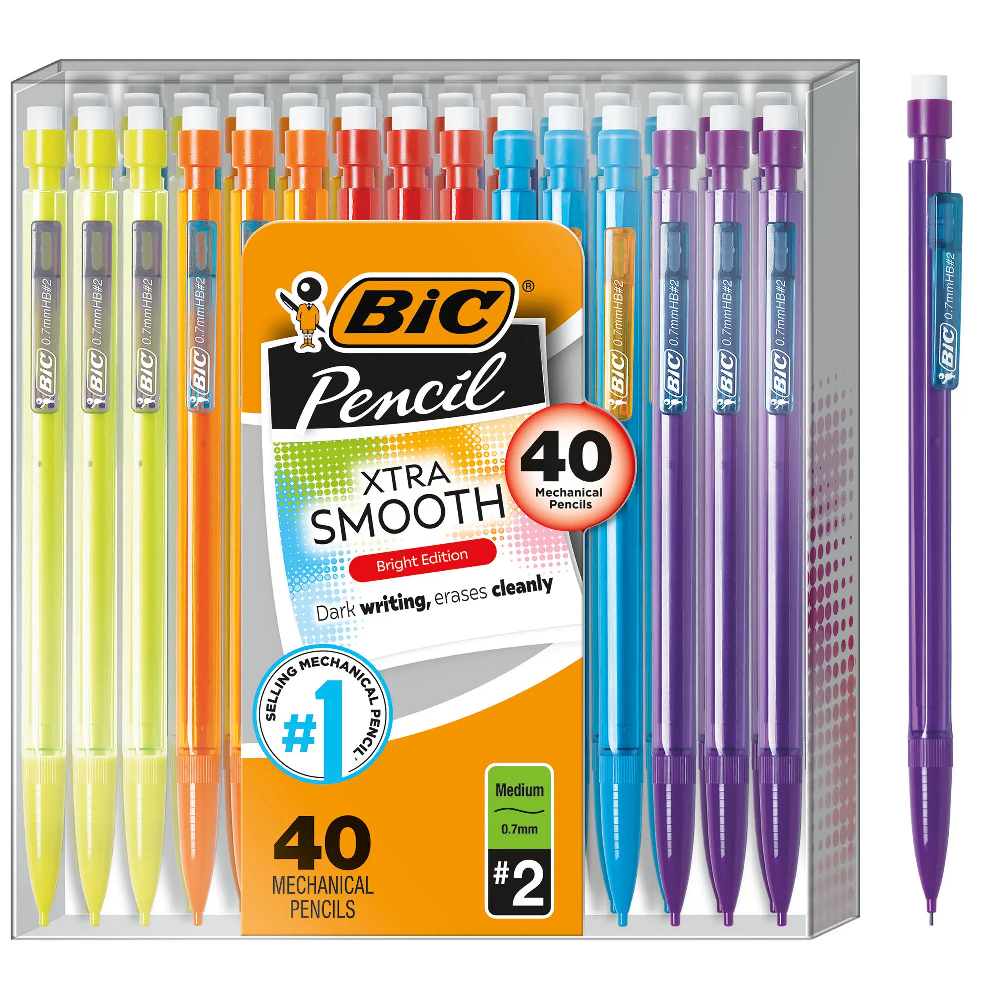 BIC Xtra Smooth Mechanical Pencils, Bright Edition, No. 2, Medium Point, 0.7 mm, Assorted Bright Barrels, Pack Of 40 Pen