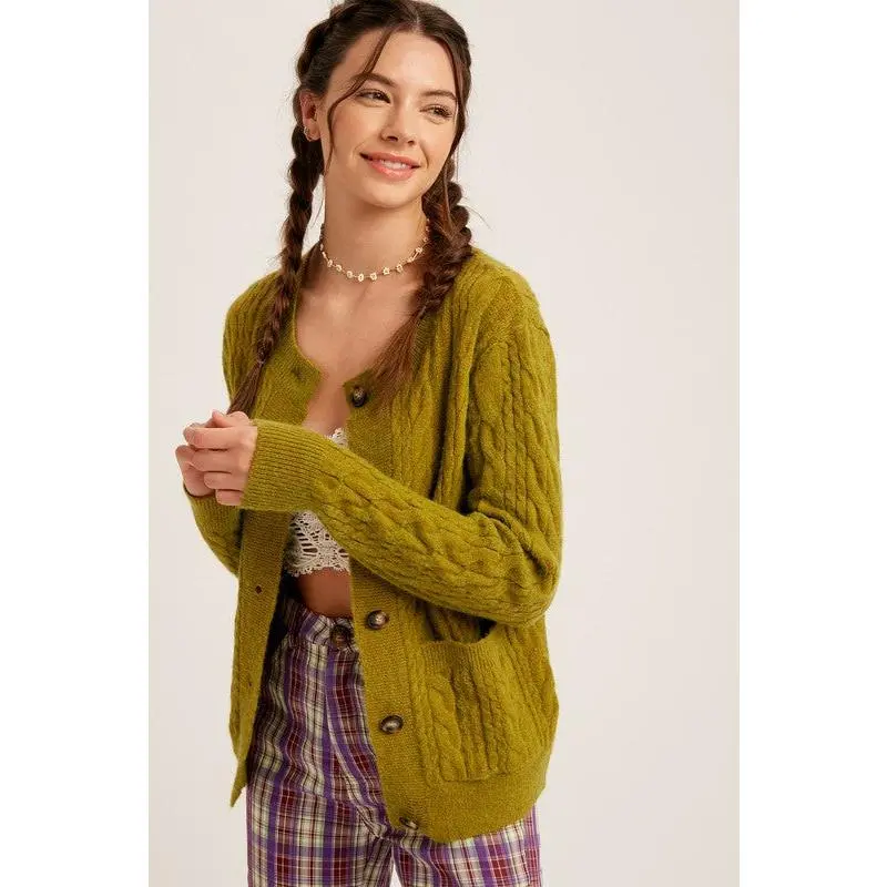 Listicle Lemon Grass Cable Knit Cardigan Sweater