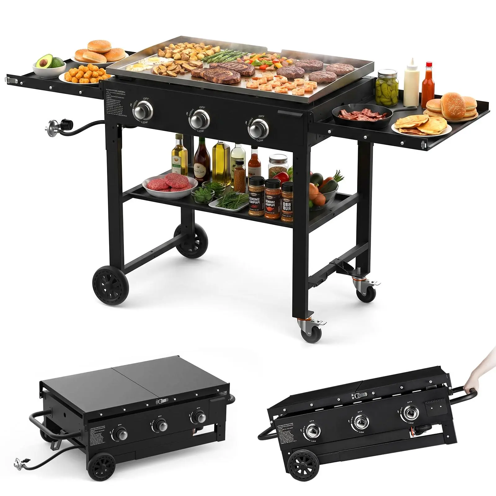 BESTFIRE 45K BTU 3-Burner Flat Top Propane Barbecue Grill - 35" Stainless Steel Outdoor Bbq Griddle with Porcelain Enameled Cast Iron Grate, Foldable Side Shelves, Heat Resistant ,  for Backyard, Camping Feasts patio cooking picnic seafood boil