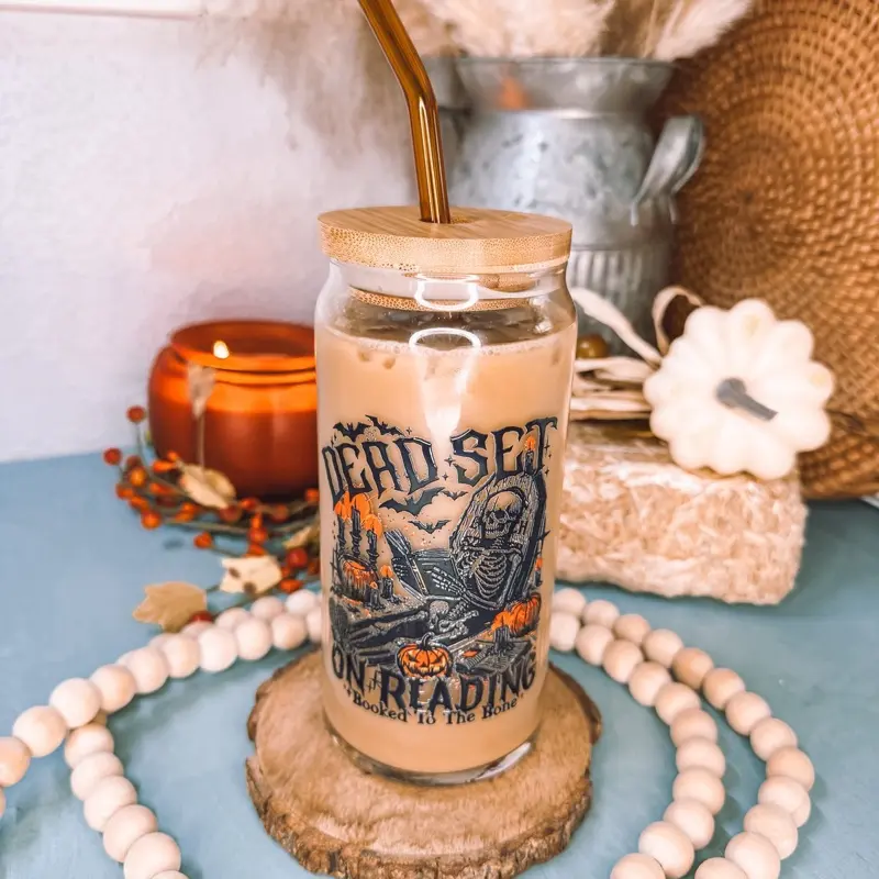 Dead Set on Reading Glass Cup, Spooky Fall readers Iced Coffee Glass, Ghost Reading Glass, Teacher Librarian Gift, Book Lover, Bookish Drinkware