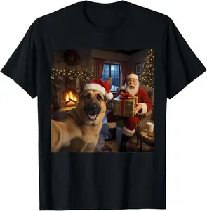 [100% Cotton] German Shepherd Selfie with Santa Claus Funny Christmas Meme T-Shirt