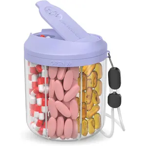 Pill Dispenser with 7 Large Compartments, Pill Bottle Organizer for Travel, Supplement Organizer with Anti-Mixing Design, BPA-Free Pill Container with 20 Pcs Labels, Purple
