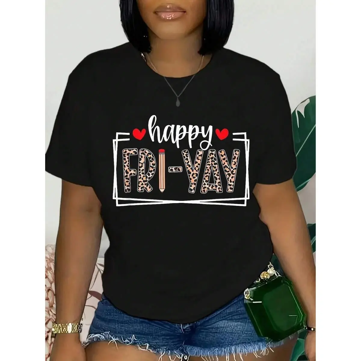 Happy FriYay Funny Fri Yay Teacher Student Friday Weekend T-Shirt Plus Size Women's Print T-Shirt For Summer, Women's Soft Short Sleeve Top, Stylish Comfy Tee For Women Graphic Tees