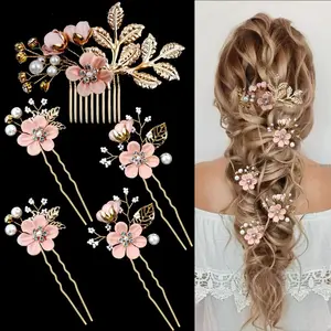 5PCS Bridal Flower Wedding Hair Pins, Crystal Pearl Hair Clips Headpiece, Gold Wedding Hair Accessories with Rhinestones for Brides, Bridesmaids, Women & Girls, Cherry Blossoms Pink Updo Decor
