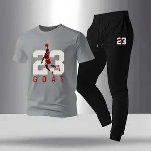 Men's Goat 23 Print T-Shirt And Drawstring Belt Sweatpants Two-Piece Set, Regular Fit Crew Neck Short-Sleeved T-Shirt And Jogging Pants, Summer Casual Top And Sweatpants.