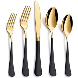 20-Piece Black & Gold Silverware Set, 18/0 Stainless Steel Colorful Handle Flatware Set, Service for 4, Modern Cutlery Set Includes Dinner Knives Forks Spoons, Mirror Polished, Dishwasher Safe