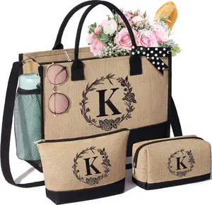 Personalized Initial Jute Tote Bag & Makeup Bags Set, Large, Jute, Women's  for Birthday, Christmas, Mother's Day