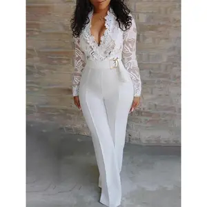 Autumn Sexy Deep V White Sheer Lace Patchwork Jumpsuit Long Pants for Women with Belt
