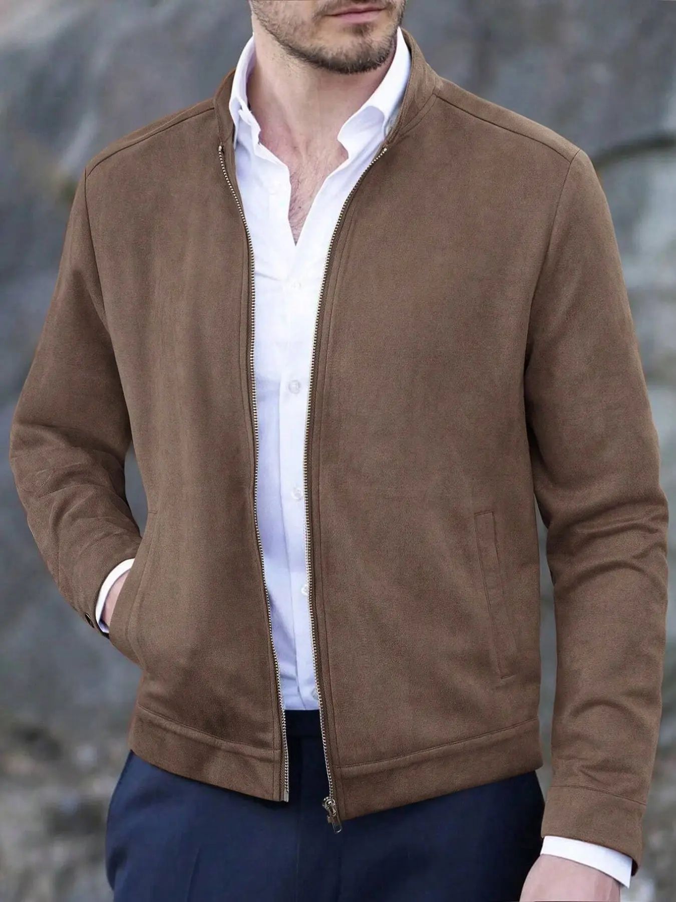 Men's solid color zipper stand collar jacket, regular version Aesthetic casual long sleeve coat, suitable for autumn and winter seasons, daily wear men's clothing Garments, Casual Collared Coats, Plain Design Outerwear