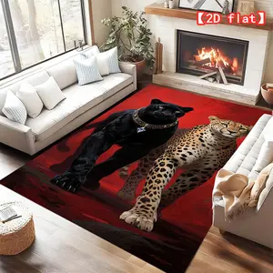 2D flat large hit velvet carpet with a leopard and cheetah standing side by side against a red background, living room, bedroom, foyer art decoration style, creative home carpet, Home Decorative Rug, Leopard Print Rugs