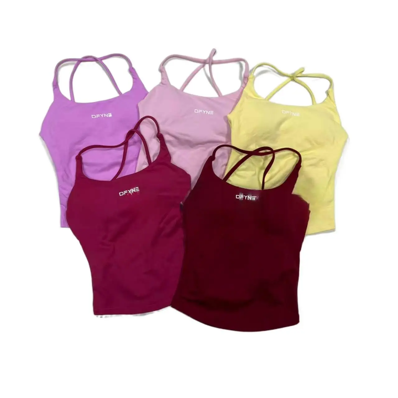 DFYNE Female Nylon Blend Cross Back Yoga Tank Top - Built-in Padded Bra, Seamless Athletic Cut Strappy Cami, Running Shirt, Running Shirts, Female Vest