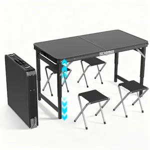 MIKEE Portable Folding Card Table with Chairs,4ft Foldable Table Adjustable Height,Aluminum Alloy Frame Folding Dining Table with Carrying Handle, Heavy Duty Folding Table for Indoor Outdoor,Camping