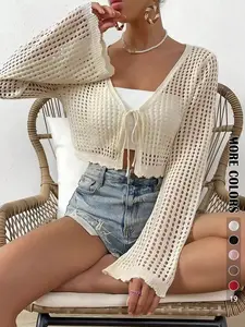 Women's Plain Hollow Out Tie Front Crop Cardigan, Casual Flounce Sleeve V Neck Cover Up Knitwear Tops for Spring & Fall, Summer Outfits 2024, Women's Knit Clothing for Daily Wear