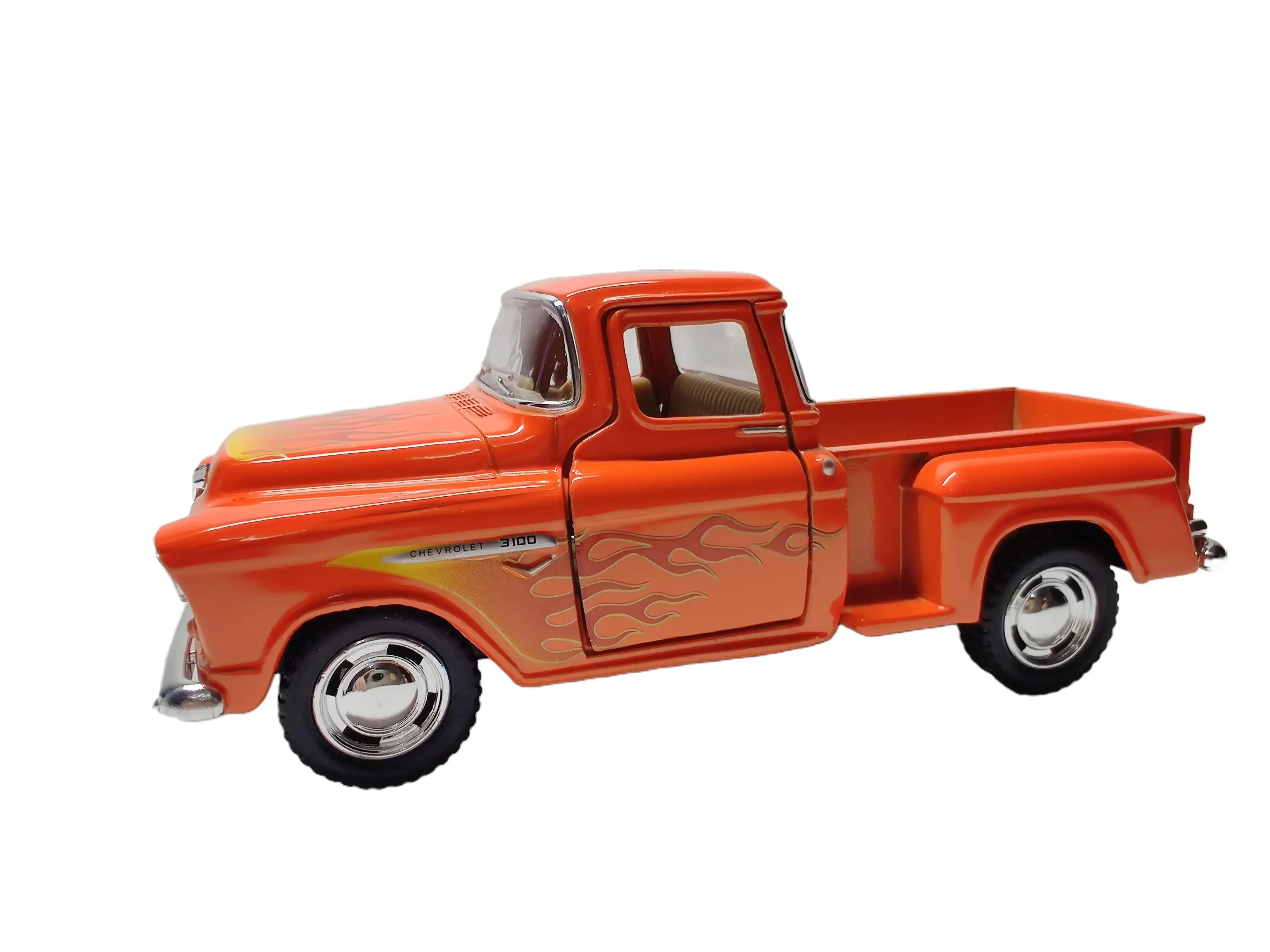 KINSMART 1955 Chevy Stepside Pickup with Flame Printing 1:32 Scale Orange Die Cast Metal Model Car 5 Inches Long Openable Doors Officially Licensed