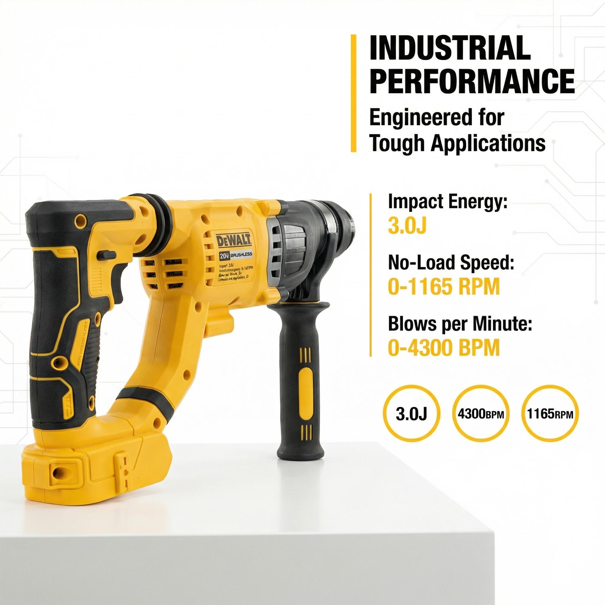 DeWalt DCH263 20V Brushless Rotary Hammer Drill for Concrete Drilling with 3.0J Impact Energy