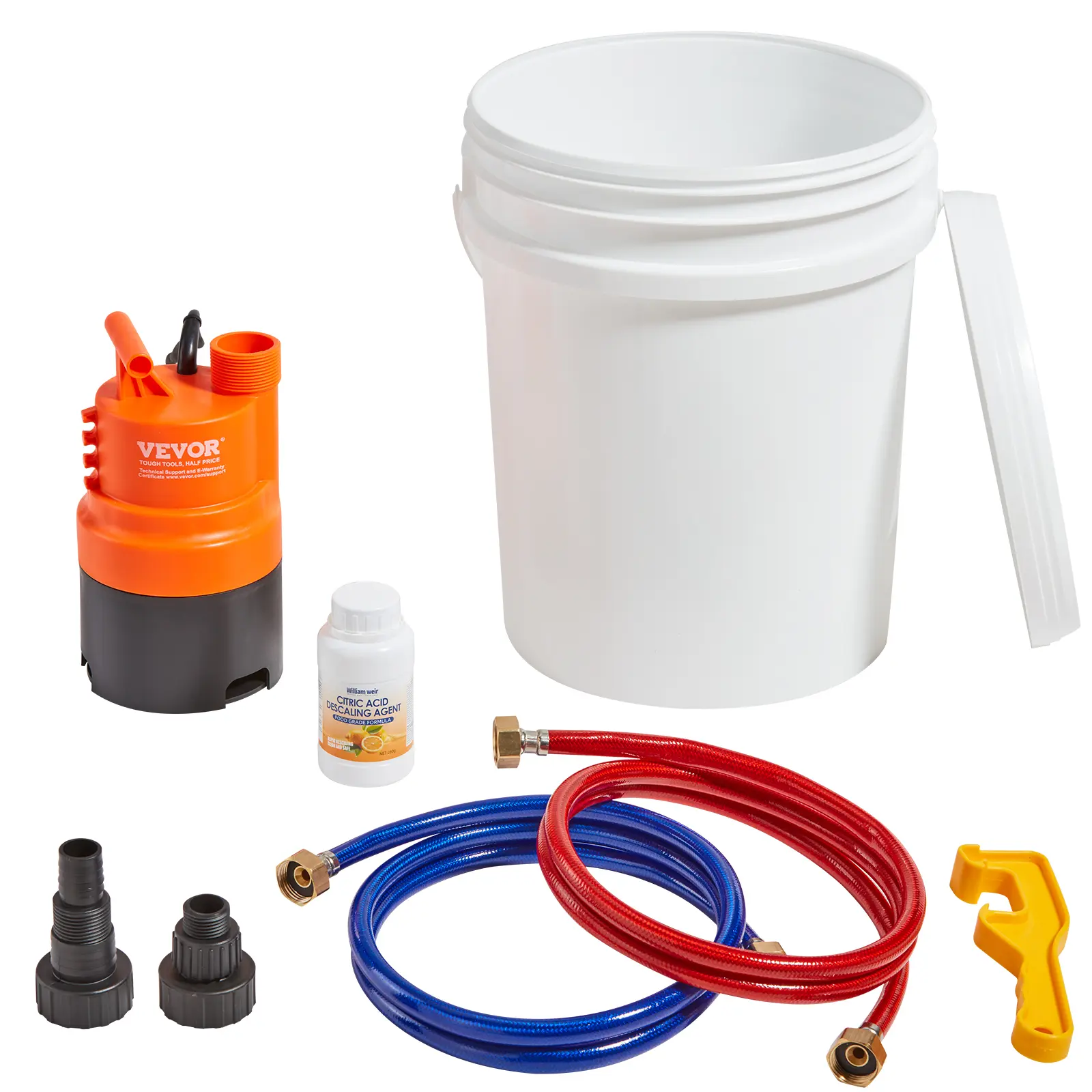 【BackToSchool】VEVOR Tankless Water Heater Flushing Kit, Includes Efficient Pump & 5 Gallon Pail & 2 Hoses & Descaling Powder, Wrench and Adapter for Quick Install Easy to Start, Water Heater Flush Kit