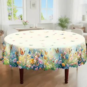 1pc, Spring Summer Themed Party Tablecloth, Colorful Butterfly Daisy Floral Printed Design, Rectangular/Round/Oval Table Cloth, Embossed Edge, Suitable For Indoor Outdoor Dining Picnic Dinner Dining Room Decoration