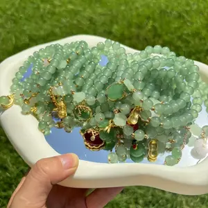 10/25pcs Chinese Style 8mm Green Glass Elastic Bracelets Set - With Butterfly Flower Safe Buckle Pendants, Perfect For Daily Wear, Holiday Parties And Anniversaries