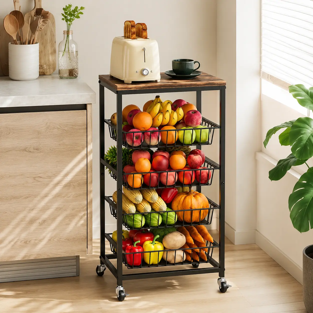 Fruit Vegetable Cart, 4-Tier Rolling Kitchen Storage Organizer with Solid Wood Top & Pull-Out Mesh Baskets - Heavy Duty Utility Snack Cart on Wheels for Pantry, Living Room, Small Spaces