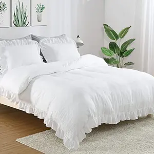 White Ruffle Duvet Cover Queen Size, 3PCS Soft Washed Microfiber Vintage French Country Duvet Cover Set for Queen Bed, White, 90x90 in Bedroom Bedding Set Bed Sets
