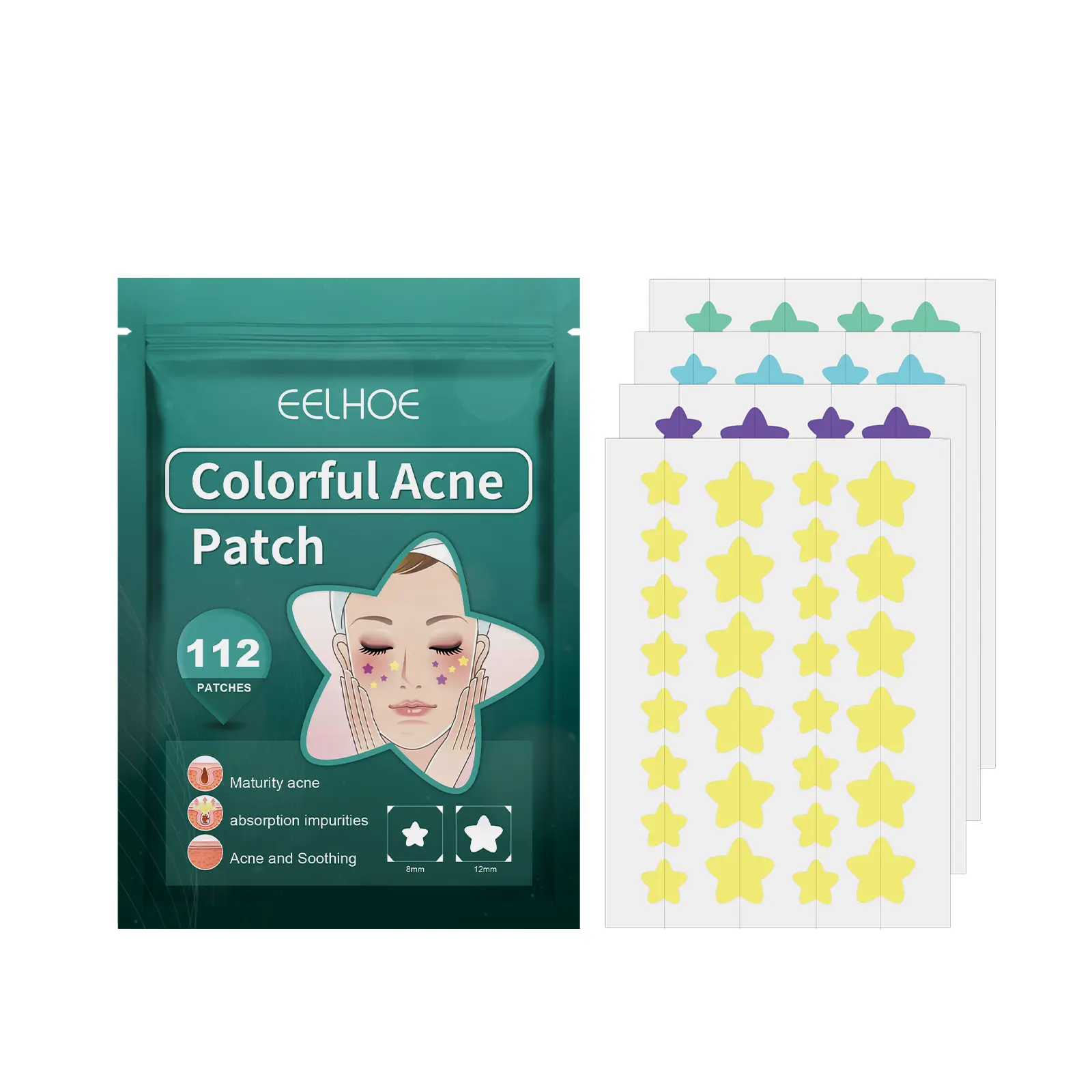 Star Acne Pimple Patches - 112-Count Hydrocolloid Patches for Face, Sensitive & Gentle Skin Repair, Party-Ready Stars, Stay-Put Adhesive, Purple, Blue, Green, Yellow