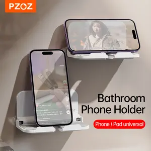 pzoz Wall Mount Cell Phone Holder for Outlet, Foldable Cellphone Stand for Mirror Bathroom Shelf Shower Bedroom Kitchen or Dorm Charging, Compatible with iPhone iPad or Tablet (White)