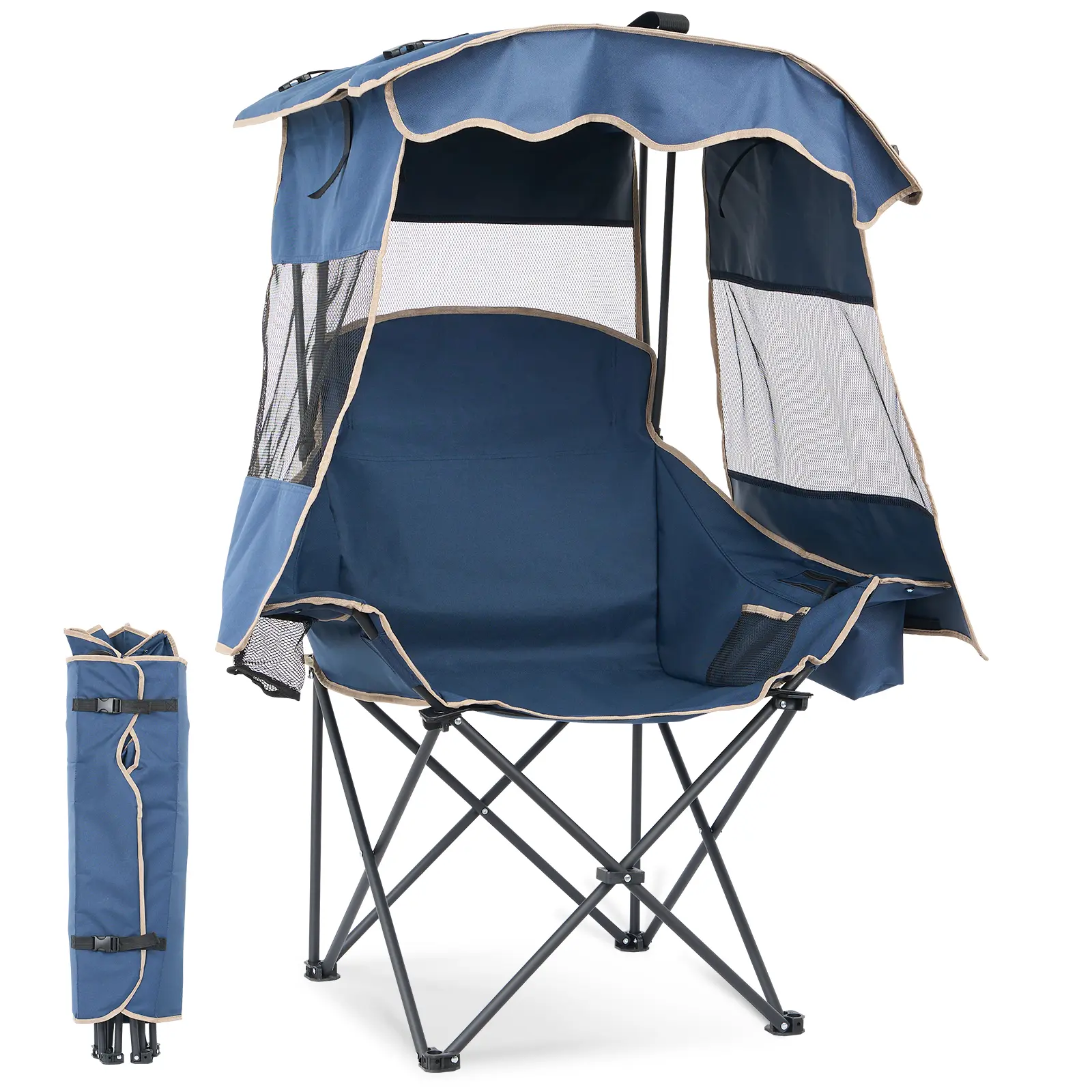 ABORON Heavy Duty Folding Camping Chair with UPF 50+ Sun Protection Canopy, Oxford Fabric Seat with Cooler Bag & Cup Holder, Durable Steel Frame Supports 330 lbs, Outdoor Accessories, Folding Design, Beach Chairs
