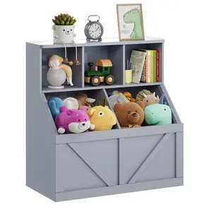 Kids Bookshelf and Toy Storage Organizer with Storage Cabinet, 3 Open Cube Shelves and 2 Bottom Storage Boxes, Toddler Book Shelf for Kids Room Playroom Bedroom Nursery Daycare Classroom, Wooden Toy Organizer