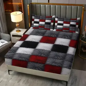 3Pcs Geometric Tufted Faux Fur Fitted Sheet Set, Decorative Bedsheet Sets, Starburst Texture in Charcoal, Crimson, Plush and Modern Bedding Design, Stylish and Cozy Bedroom Makeover Includes 2 Pillowcases, No Pillow Core