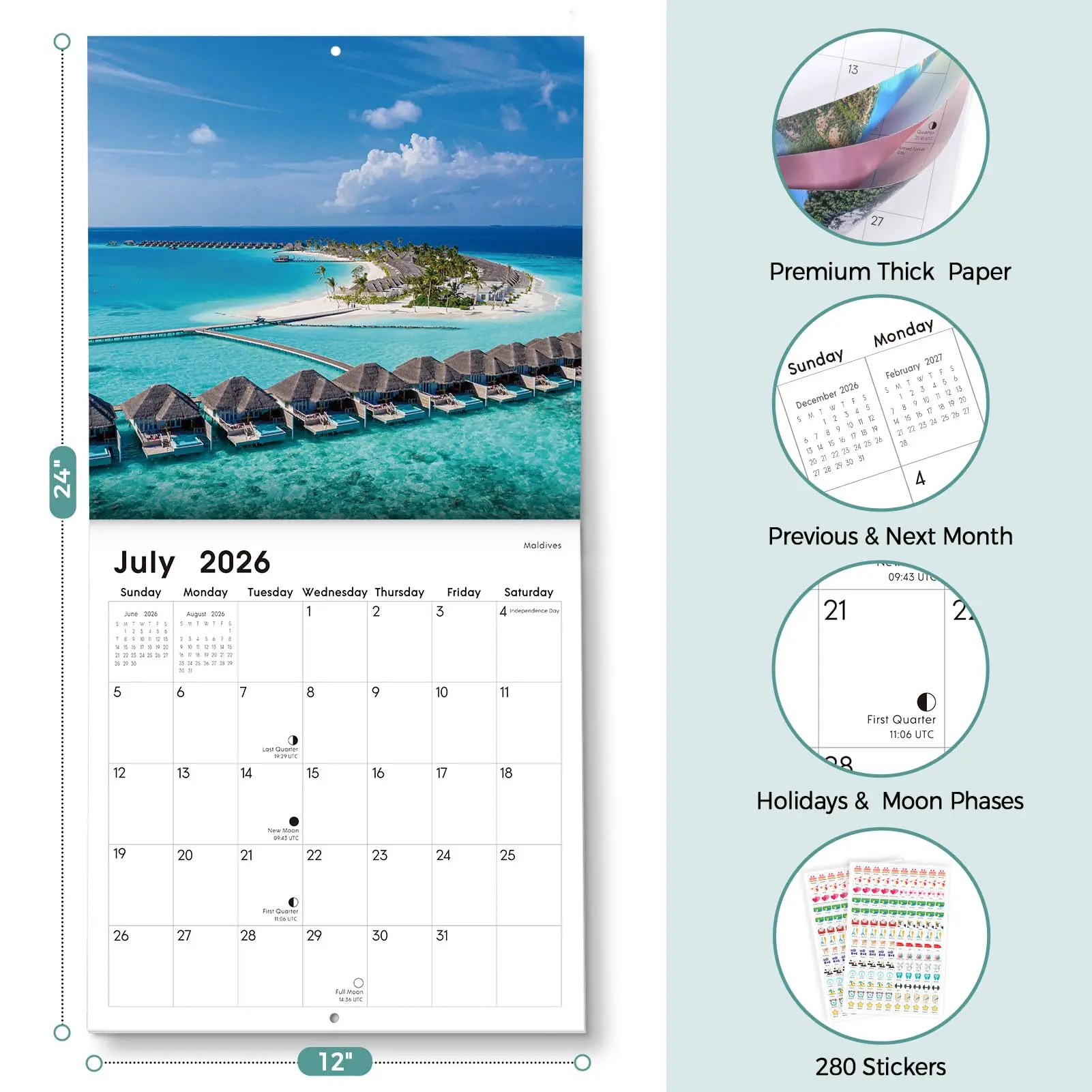 SKYDUE Scenic Nature Wall Calendar 12"x24" with 280 Stickers, Thick Paper, Monthly Planner for Home Office Decor & Organizing